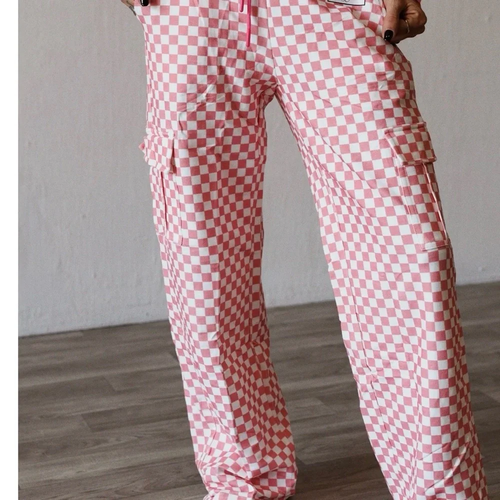 Pink fighter Checkered sweat Pants breast cancer awareness cargo pants run small - Picture 3 of 10